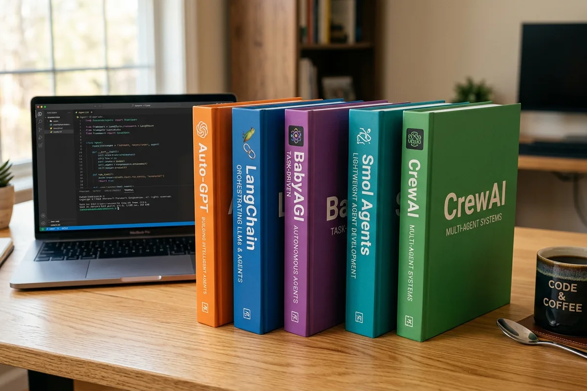 Five AI agent framework documentation books on desk — LangGraph, CrewAI, AutoGen, OpenAI Agents SDK, and Claude Agent SDK