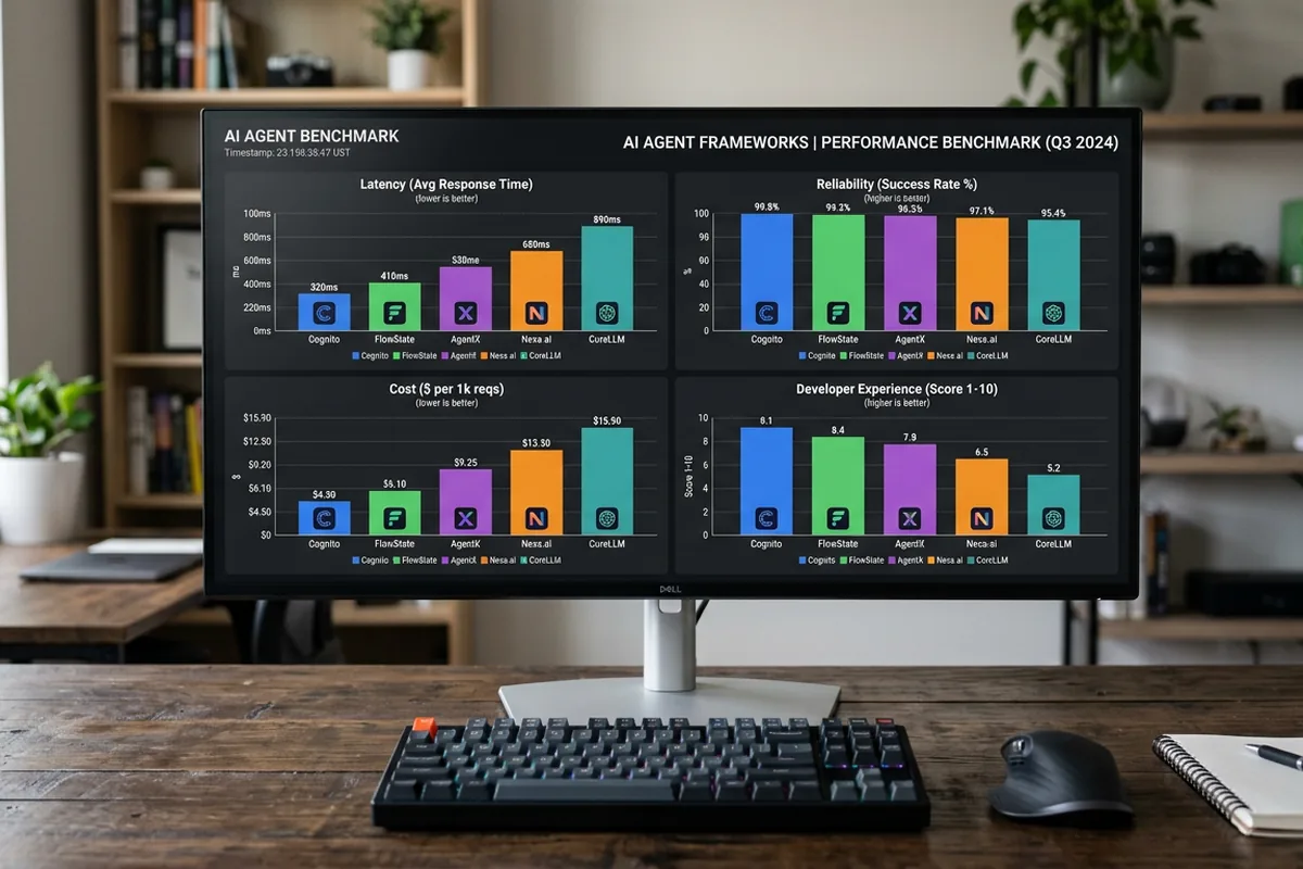 Performance benchmark dashboard comparing five AI agent frameworks across latency, reliability, cost, and developer experience