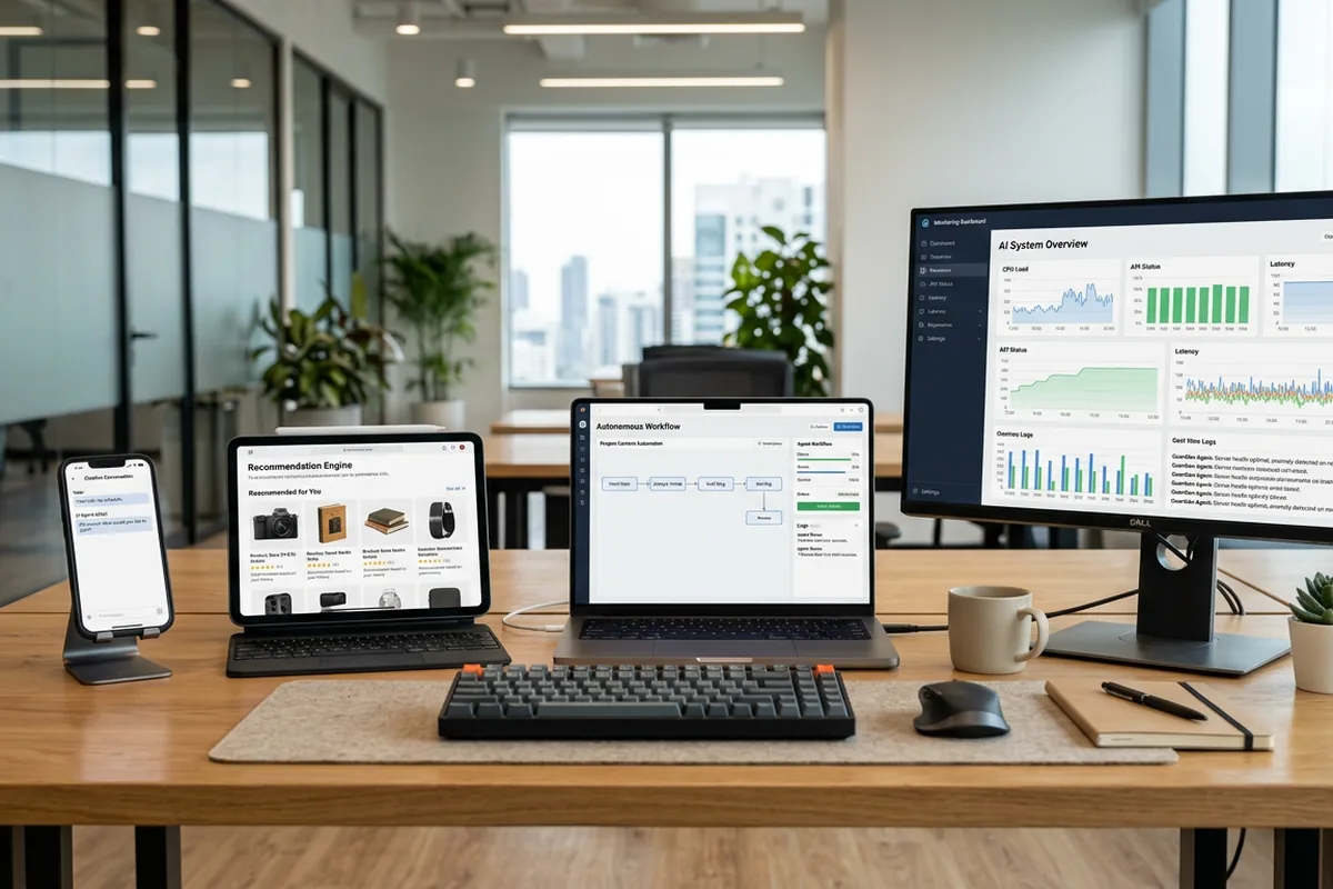 Four devices showing different AI agent types — chatbot, recommendation engine, autonomous workflow, and monitoring dashboard