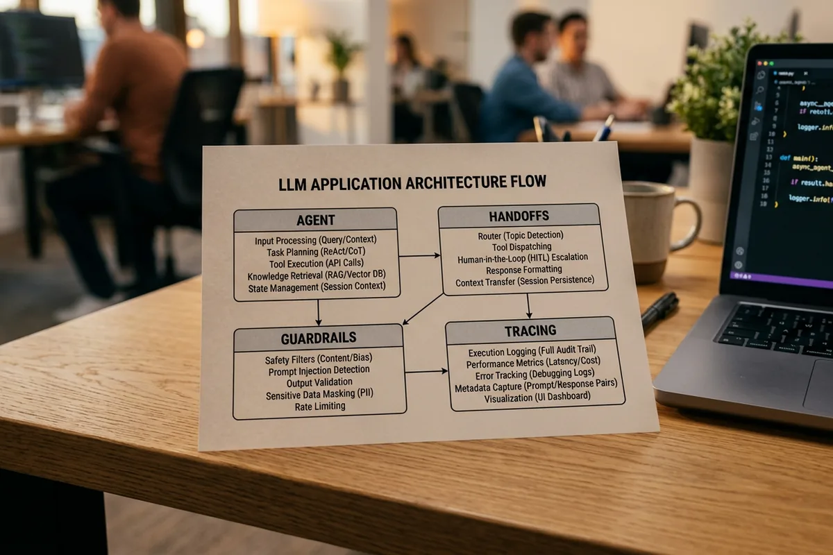 Printed architecture diagram showing OpenAI Agents SDK components — Agent, Handoffs, Guardrails, and Tracing