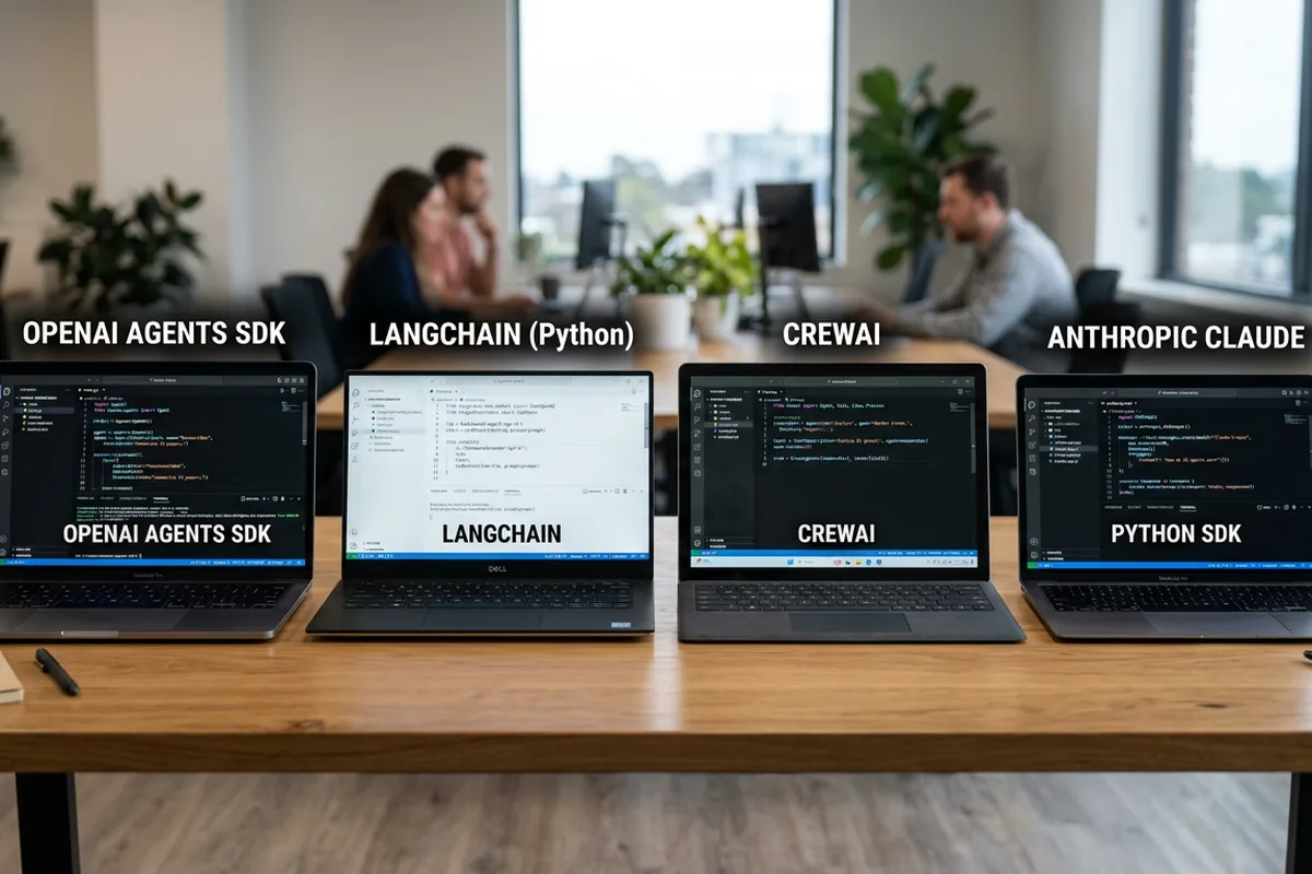 Four laptops showing OpenAI Agents SDK, LangChain, CrewAI, and Anthropic Claude frameworks side by side