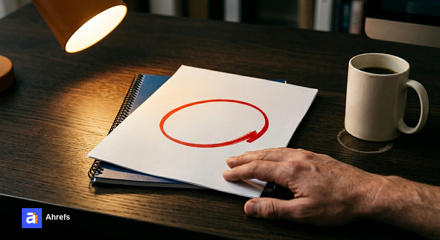 Printed analytics report on dark wood desk with red circled statistic, cold coffee, and frustrated hand under desk lamp