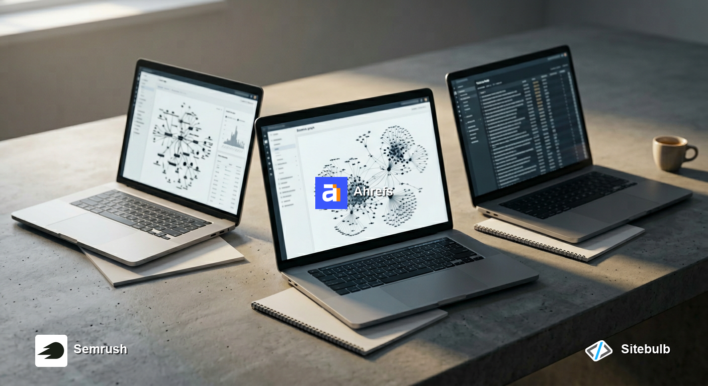 Three laptops side by side on a concrete desk showing Semrush, Ahrefs, and Sitebulb SEO audit dashboards in a studio still-life editorial photo