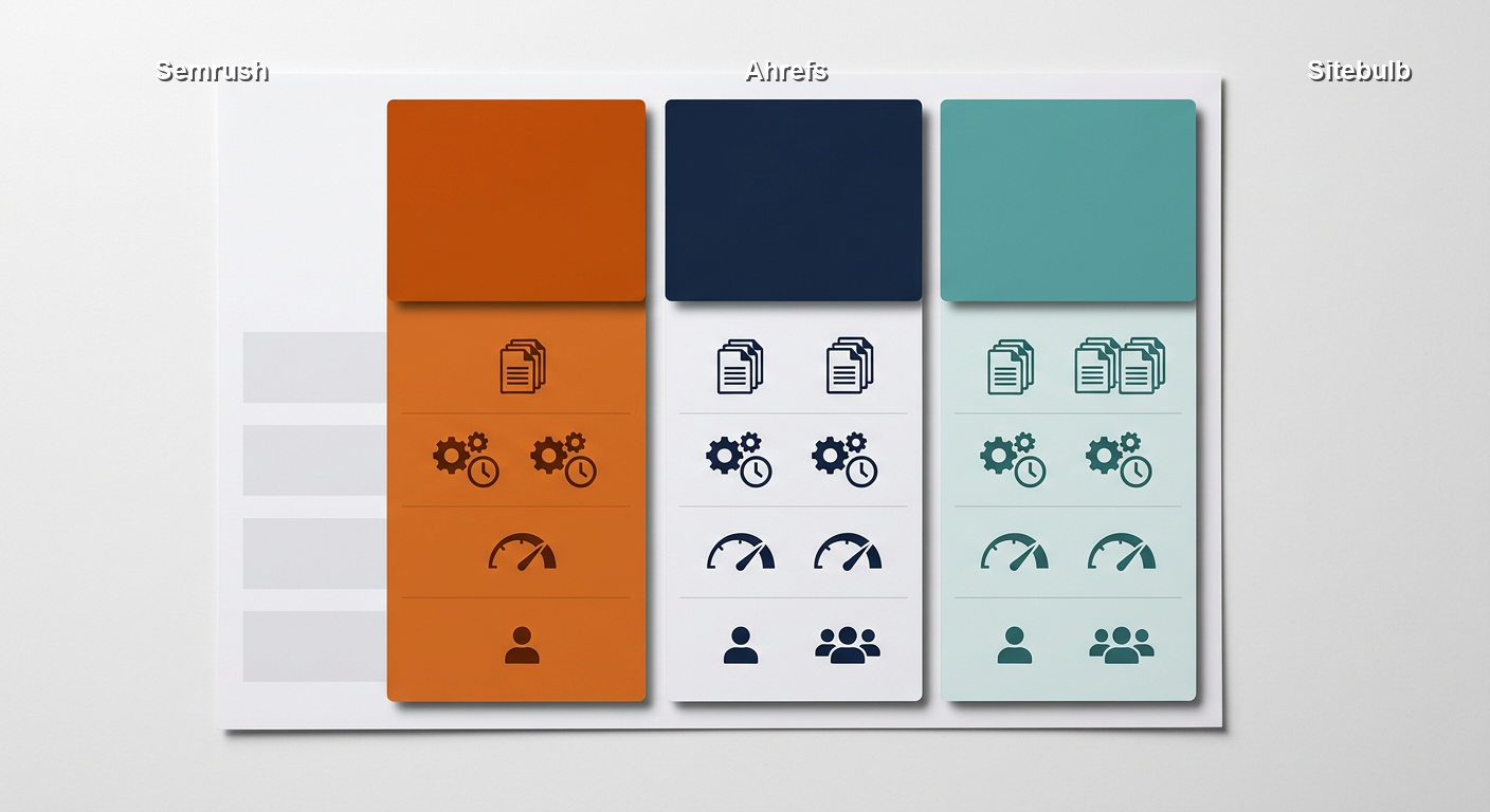 Side-by-side comparison grid of Semrush, Ahrefs, and Sitebulb across audit depth, automation, Core Web Vitals, and ideal user type