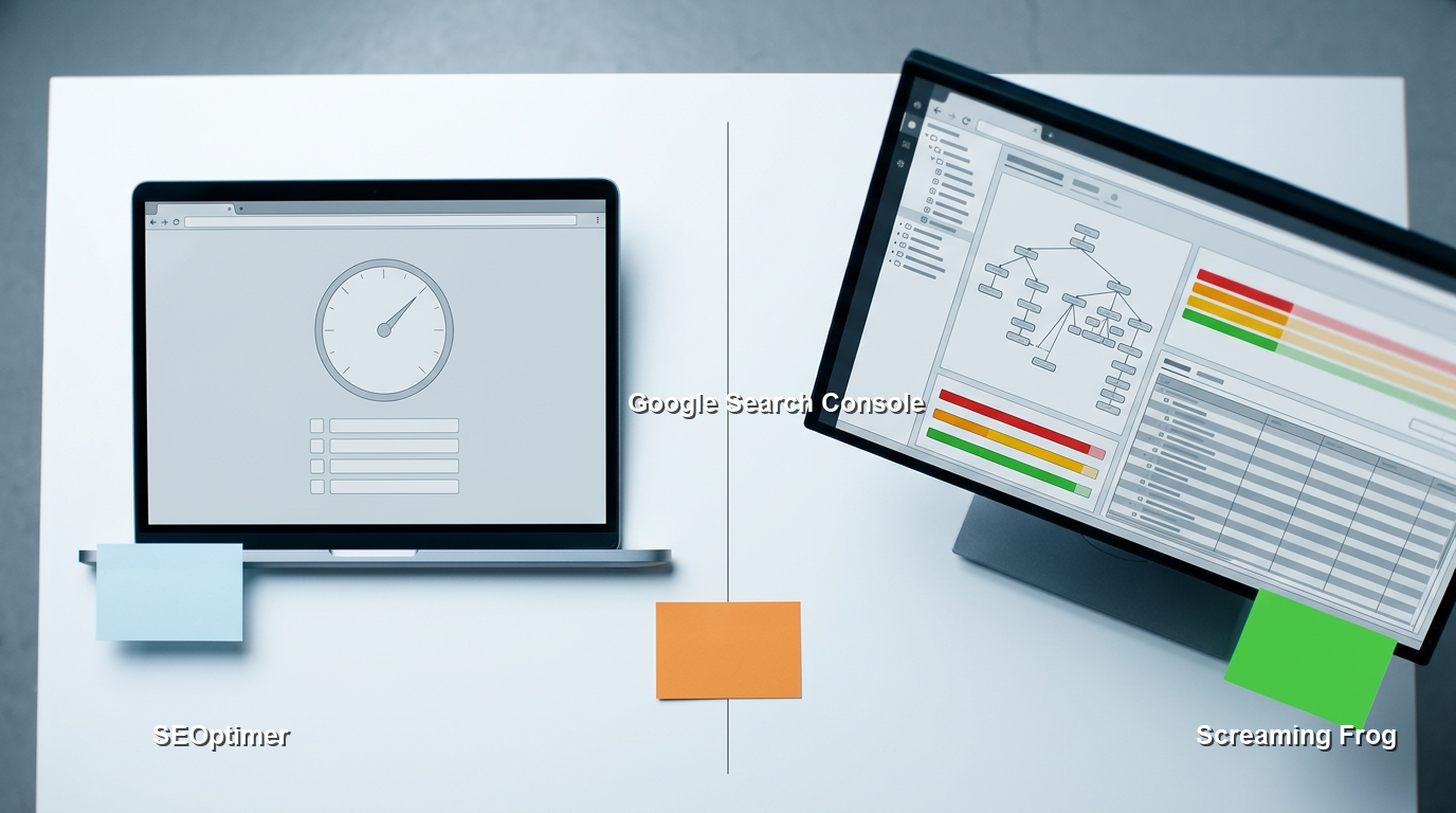 Split-screen comparison of SEOptimer's shallow score gauge versus Screaming Frog and Google Search Console's deep diagnostic crawl maps and issue tiers