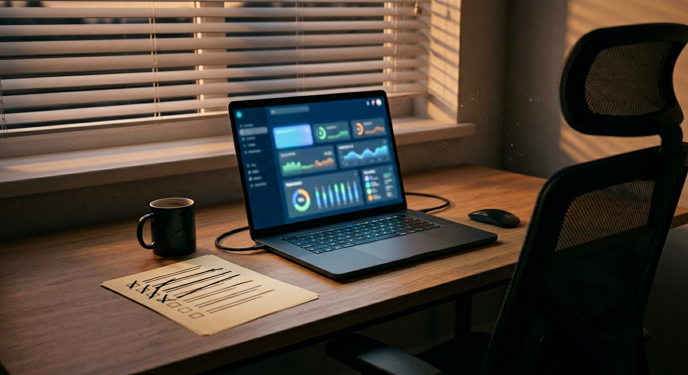 Empty office chair pushed back from a laptop running an SEO audit while a printed checklist with crossed-off items sits on the desk at dusk