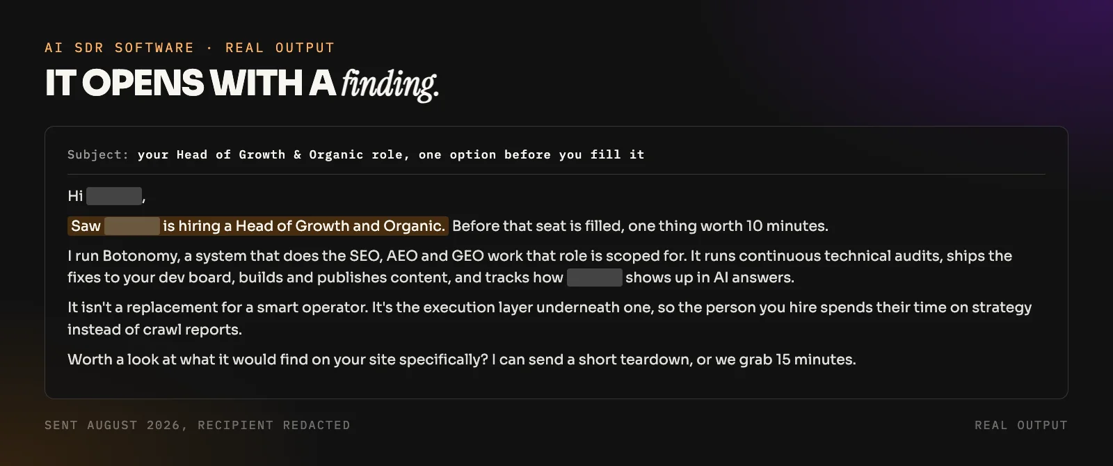 A real first-touch email sent by Botonomy's AI SDR software with the recipient redacted, opening with a specific finding about the prospect's company