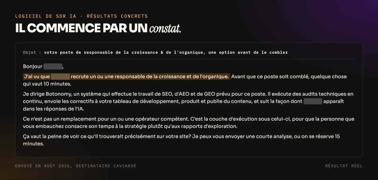Un vrai courriel de premier contact envoyé par le logiciel SDR IA de Botonomy, destinataire masqué, qui s'ouvre sur un constat précis concernant l'entreprise du prospect