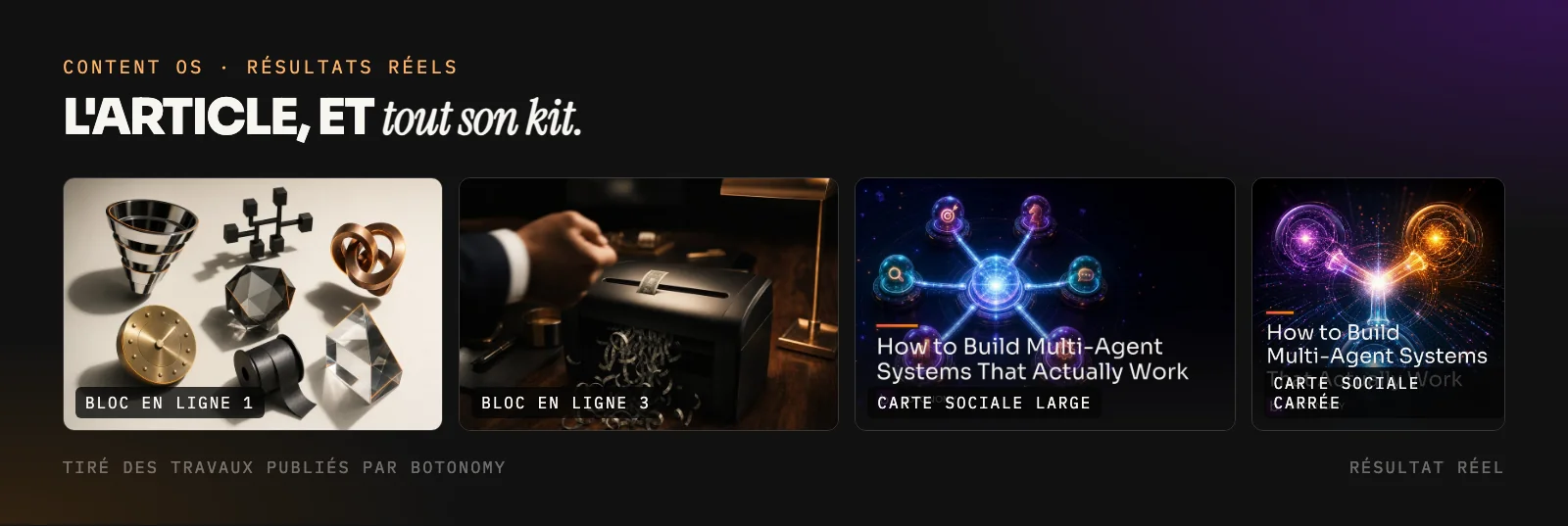 L'image d'en-tête, les illustrations intégrées et les cartes sociales à l'image de la marque d'un article publié, produites par Content OS en une seule exécution